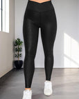 Black Crossed Dip Waist Sleek Leather Leggings - Toi ‘n’ Moi Ltd