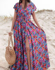 Blue Floral Print V Neck Wrap Split Maxi Dress - Toi ‘n’ Moi Ltd