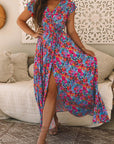Blue Floral Print V Neck Wrap Split Maxi Dress - Toi ‘n’ Moi Ltd