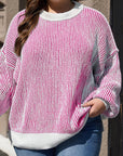 Bright Pink Striped Textured Knit Contrast Edge Loose Sweater - Toi ‘n’ Moi Ltd