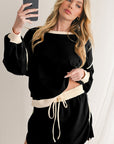 Black Contrast Trim Loose Pullover and Lace-up Waist Skort Set - Toi ‘n’ Moi Ltd