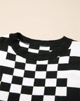 Black Checkered Print Drop Shoulder Round Neck Sweater - Toi ‘n’ Moi Ltd