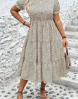 Beige Plus Size Leopard Print Frill Trim Short Sleeve Flared Dress - Toi ‘n’ Moi Ltd