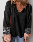 Black Floral Patchwork Textured Knit Drawstring V Neck Blouse - Toi ‘n’ Moi Ltd