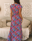 Blue Floral Print V Neck Wrap Split Maxi Dress - Toi ‘n’ Moi Ltd