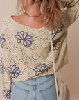 Beige Contrast Flower Print Eyelet Drop Shoulder Sweater - Toi ‘n’ Moi Ltd