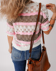 Brown Stripe Color Block Hollow Out Crochet Half Sleeve Sweater - Toi ‘n’ Moi Ltd