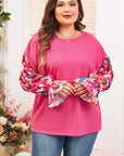 Bright Pink Floral Patchwork Flounce Sleeve Rib Knit Plus Top - Toi ‘n’ Moi Ltd