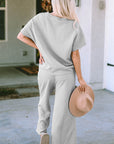 Gray Textured Loose Fit T Shirt and Drawstring Pants Set