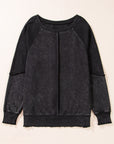 Black Solid Waffle Knit Patchwork Raglan Sleeve Sweatshirt - Toi ‘n’ Moi Ltd