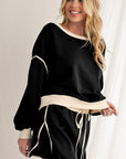 Black Contrast Trim Loose Pullover and Lace-up Waist Skort Set - Toi ‘n’ Moi Ltd