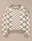 Black Checkered Print Drop Shoulder Round Neck Sweater - Toi ‘n’ Moi Ltd