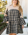 Black Plaid Waffle Knit Patchwork Collared V Neck Plus Size Mini Dress - Toi ‘n’ Moi Ltd