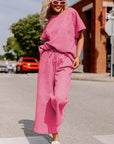 Strawberry Pink Textured Loose Fit T Shirt and Drawstring Pants Set