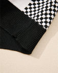 Black Checkered Print Drop Shoulder Round Neck Sweater - Toi ‘n’ Moi Ltd