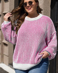 Bright Pink Striped Textured Knit Contrast Edge Loose Sweater - Toi ‘n’ Moi Ltd