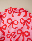 Pink 2pcs Bow Print Shirt Style Long Sleeve Pajama Set