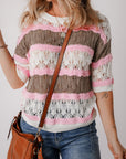 Brown Stripe Color Block Hollow Out Crochet Half Sleeve Sweater - Toi ‘n’ Moi Ltd