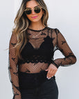 Black Bow Pattern Accent Mesh Long Sleeve Top - Toi ‘n’ Moi Ltd