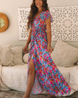 Blue Floral Print V Neck Wrap Split Maxi Dress - Toi ‘n’ Moi Ltd