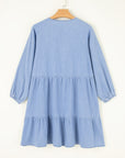 Beau Blue Puff Sleeve V Neck Tiered Ruffled Chambray Mini Dress - Toi ‘n’ Moi Ltd