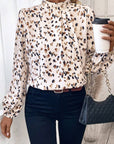 White Leopard Print Lantern Sleeve Mock Neck Pleated Blouse