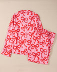 Pink 2pcs Bow Print Shirt Style Long Sleeve Pajama Set