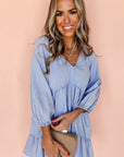 Beau Blue Puff Sleeve V Neck Tiered Ruffled Chambray Mini Dress - Toi ‘n’ Moi Ltd
