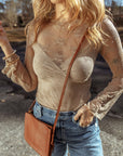 Apricot Lace Mesh Crochet Splicing Slim Fit Long Sleeve Blouse - Toi ‘n’ Moi Ltd