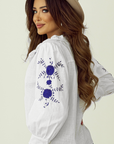 White Floral Embroidered Bracelet Sleeve Shirt