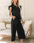 Black Textured Flutter Sleeve Top Wide Leg Pants Set - Toi ‘n’ Moi Ltd