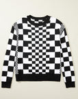 Black Checkered Print Drop Shoulder Round Neck Sweater - Toi ‘n’ Moi Ltd
