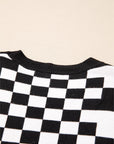 Black Checkered Print Drop Shoulder Round Neck Sweater - Toi ‘n’ Moi Ltd