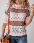 Brown Stripe Color Block Hollow Out Crochet Half Sleeve Sweater - Toi ‘n’ Moi Ltd