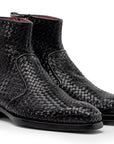 Paul Parkman Black Woven Leather Goodyear Welted Zipper Boots (ID