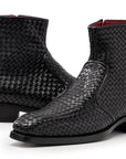 Paul Parkman Black Woven Leather Goodyear Welted Zipper Boots (ID
