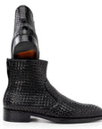 Paul Parkman Black Woven Leather Goodyear Welted Zipper Boots (ID