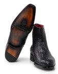 Paul Parkman Black Woven Leather Goodyear Welted Zipper Boots (ID