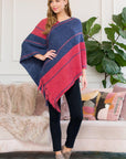 Hdf3007rdbl - Red Blue Two Tone Chain Print Fringe Poncho