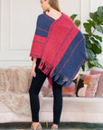 Hdf3007rdbl - Red Blue Two Tone Chain Print Fringe Poncho
