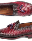Paul Parkman Men's Woven Leather Tassel Loafers Burgundy (ID