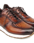 Paul Parkman Men's Brown Hand-Painted Woven Leather Sneakers (ID
