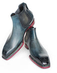 Paul Parkman Men's Norwegian Welted Chelsea Boots Blue Burnished Leather (ID