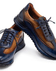 Paul Parkman Men's Blue & Camel Patina Leather Sneakers (ID