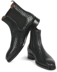 Paul Parkman Black Woven Leather Chelsea Boots (ID