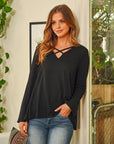 Criss Cross Neck Long Sleeve Hacci Top