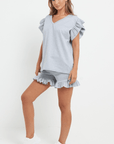 Ladies V Neck Frill Peplum Sleeve Top and Short 2 Piece Tracksuit Set - Toi ‘n’ Moi Ltd
