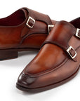 Paul Parkman Men's Brown Leather Double Monkstrap Shoes (ID