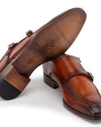 Paul Parkman Men's Brown Leather Double Monkstrap Shoes (ID