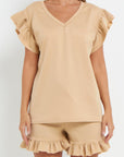 Ladies V Neck Frill Peplum Sleeve Top and Short 2 Piece Tracksuit Set - Toi ‘n’ Moi Ltd